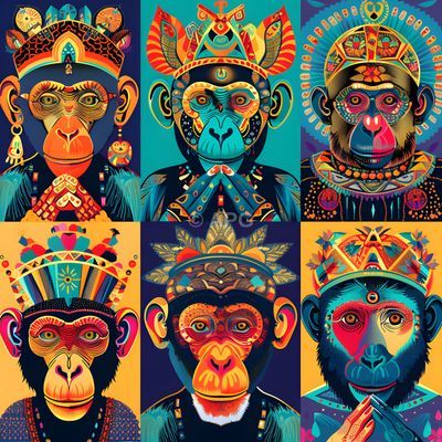 Künstliche Intelligenz: Sechs stilisierte Affenporträts in leuchtenden Farben